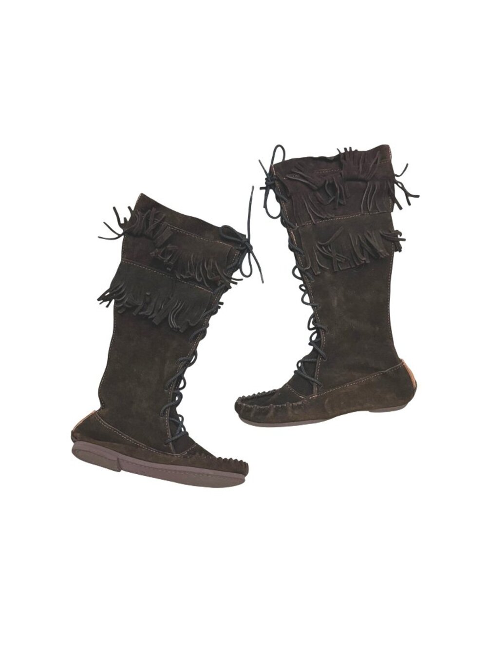 Women's Knee High Boots Sz 7 Brown Suede Leather Lace Up Fringe Handmade Boho
